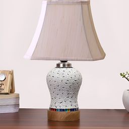 Devansh Off White & Green Printed Wooden Frustum Shaped Table Lamp With Mosaic Glass Base-45