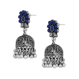 Stefan Rhodium-Plated Stone Studded Dome Shaped Oxidised Jhumkas image 4