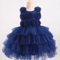 Bluebell Woven Sleeveless Party Frock with Net Detailing & Floral Corsage - Blue-image-29