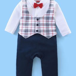 Babyhug Interlock Cotton Knit Full Sleeves Party Romper with Attached Checked Waist Coat & Bow Detailing - Navy Blue-picture-28
