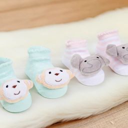Baby Moo Pack Of 2 Monkey & Elephant Face Applique Detailed Socks - Turquoise Blue & Pink-image-8