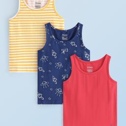 Honeyhap Premium Cotton Elastane Single Jersey Sleeveless Vests with Bio Finish Rocket Print Pack of 3 - Bright White Limoges & High Risk Red-picture-5