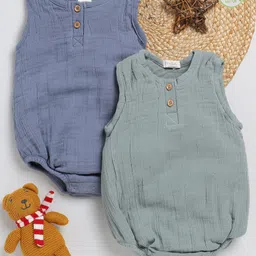 Cot & Candy Sleeveless Round Neck Solid Muslin Romper  -Aqua and Sage-picture-14