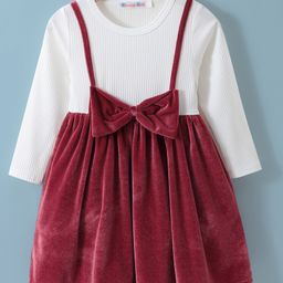 Kookie Kids Full Sleeves Frock WithBow Detailing - White & Wine-image-88