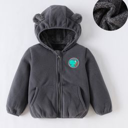 Kookie Kids Full Sleeves Hoodie  with Bear Applique & Dino Patch - Grey-image-32