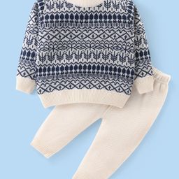 Babyhug Knitted Full Sleeves Pullover Sweater & Pant Set With Aztec Design - Cream & Navy Blue-image-6