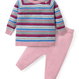 Babyhug Knitted Full Sleeves Pullover Sweater & Pant Set With Stripes Design - Pink-picture-11