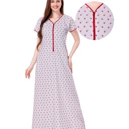 Piu Cotton Half Sleeves Floral Printed Nighty - Red-image-1