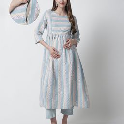 Moms Maternity Three Fourth Sleeves Striped Kurta With Concealed Zipper Nursing Access & Trousers Set - Sea green-image-54