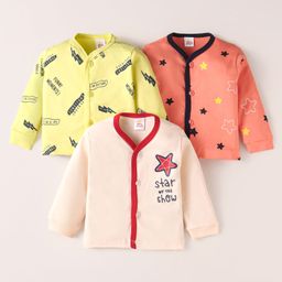 Mini Donuts Interlock Knit Full Sleeves Front Open Vests with Star & Text Print Pack of 3 - Orange Lemon Yellow & Cream-2