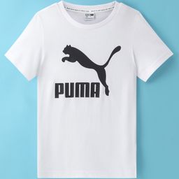 PUMA Cotton Knit Half Sleeves Solid T-Shirt with Logo Print - White-image-61
