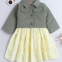Twetoons Woven Full Sleeves Jacket with Floral Print Frock - Light Yellow-image-90