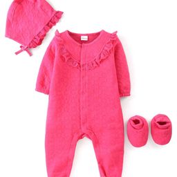 Babyhug Winter Polyfill Full Sleeves Romper with Cap & Booties Frill Detailing - Pink-image-7