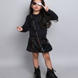 Taffykids Full Sleeves Ribbon Bow Detail Sweatshirt & Floral Foil Printed Skirt Set - Multi Colour-image-18