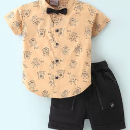 Dapper Dudes Half Sleeves Animals Printed Shirt With Bow & Shorts - Fawn-picture-47