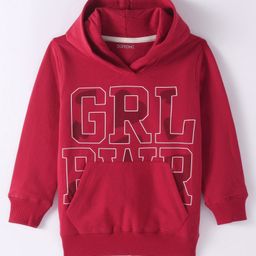Doreme Cotton Knit Full Sleeves Hooded Sweatshirt Text Print & Kangaroo Pockets - Red-image-85
