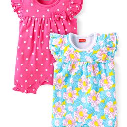 Babyhug Interlock Knit Half Sleeves Rompers With Floral & Polka Dot Print Pack of 2 - Dark Pink & Light Green-image-27