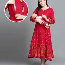 True Shape Three Fourth Sleeves Ethnic Motifs Printed Maternity Anarkali Kurta With Concealed Zipper Nursing Access - Red-image-25