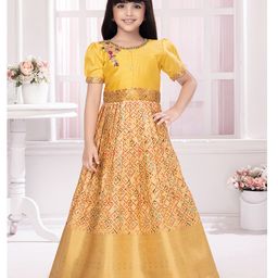 Tiny Kingdom Half Puffed Sleeves Floral Embroidered & Bandhani Printed Pleated Gown - Yellow-image-76