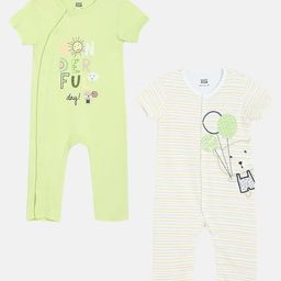 MINI KLUB Cotton Pack Of 2 Half Sleeves Teddy Bear & Wonderful Day Text Printed Rompers - Green & White-picture-28