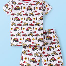 Babyhug Single Jersey Knit Half Sleeves Night Suit With JCB Print - Offwhite-image-81