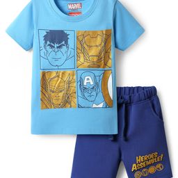 Babyhug Marvel Single Jersey Knit Half Sleeves T-Shirt & Shorts Set With Avengers Graphics & Gold Foil Detailing - Blue-image-91