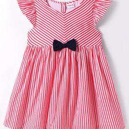 Babyhug Rayon Woven Cap Sleeves Striped Dress With Bow Applique - Red & White-image-96