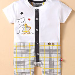 Mini Taurus Cotton Knit Half Sleeves Checks Romper With Bear Embroidery - Light Grey-image-45
