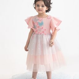 A Little Fable Half Sleeves Frill Detailed Floral & Butterfly Applique Detailed Stars Foil Printed Dress - Multi Colour-image-76