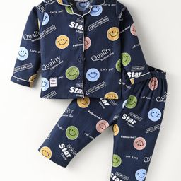 Enfance Core Cotton Woven Full Sleeves Smiley & Follow Me Text Printed Coordinating Night Suit Set - Navy Blue-image-94