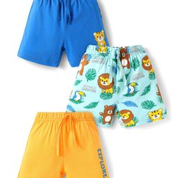 Babyhug Cotton Knit Mid Thigh Shorts with Jungle Theme Print Pack of 3 - Light Blue Yellow & Blue-image-90