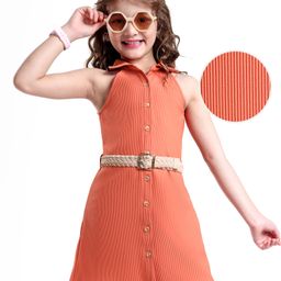 Hola Bonita Woven Sleeveless Textured Incut Dress with Belt - Coral-image-95