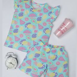 RAINE AND JAINE Cotton Knit Cap Sleeves Fruits Printed Coordinating Tee & Shorts Set - Blue-image-52