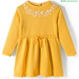 Babyoye 100% Cotton Knit Full Sleeves Woollen Dress with Floral Embroidery - Yellow-picture-30