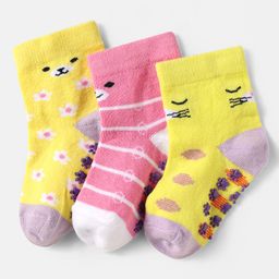 Cute Walk by Babyhug Knit Ankle Length Anti Skid Socks With Stripes & Floral Design Pack Of 3 - Yellow & Pink-image-64