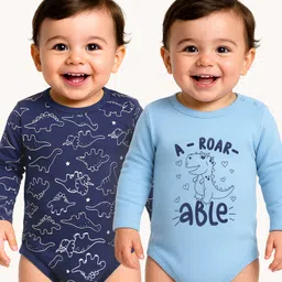 Doodle Poodle 100% Cotton Knit Full Sleeves Dino Printed Onesies Pack of 2 - Blue-picture-49