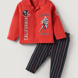 CUCUMBER Sinker Knit Full Sleeves Night Suit With Football Print - Red-image-43
