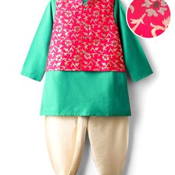 Earthy Touch Woven Full Sleeves Kurta & Dhoti Set With Floral Foil Printed Jacket - Teal Blue & Dark Pink-picture-40