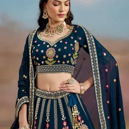 FABPIXEL Embroidered Sequinned Semi-Stitched Lehenga & Unstitched Blouse With Dupatta image 5