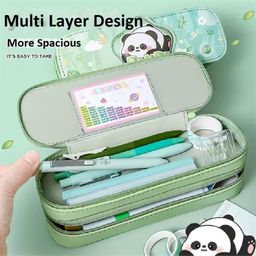 Elecart Panda Double Layer Large Capacity with Multi-Functional Simple Korean Style Pencil Case for Student image 2