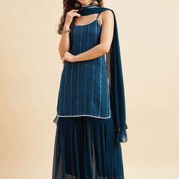 PANIT Striped Embroidered Gotta Patti Kurta with Sharara & Dupatta-29