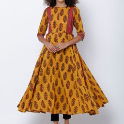 Vishudh Women Mustard & Pink Printed Anarkali Kurta-image-24