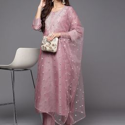 Varanga Women Mauve Floral Yoke Design Chanderi Silk Kurta with Trousers & With Dupatta-picture-5