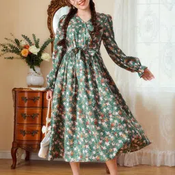 Miss & Chief Floral Printed Puff Sleeves Fit & Flare Midi Dress Comes with a belt-picture-51