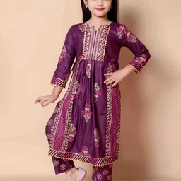BARKAT DESIGNING PLANET Girls Ethnic Motifs Printed Pleated A Line Kurta With Trousers-image-79
