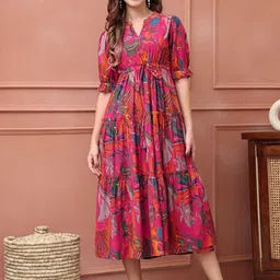 Pinly Floral Printed Mandarin Collar Fit & Flare Dress-picture-0