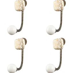 IndianShelf Gold-Toned & White 4 Pieces Printed Ceramic Square Wall Hooks-11