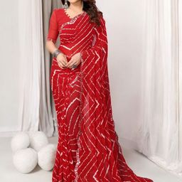 HERE&NOW Lehariya Printed Mirror Work Pure Georgette Saree-picture-10