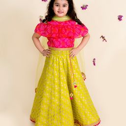 Pspeaches Cold Shoulder Sleeves Bandhani Print Choli And Foil Print Lehenga With Dupatta - Pink-image-43