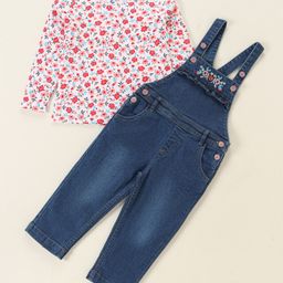 Babyhug Denim Floral Embroidery Dungaree with Cotton Full Sleeves Floral Print Top --picture-38